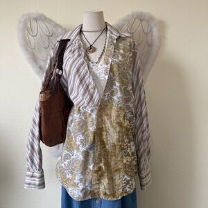 Indie Grunge Boho Patchwork Paisley Stripe Long Sleeve Button Up Shirt Retro Y2K